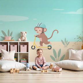 Adventure monkey mural wallpaper in modern nursery with natural wood furniture by Kids-Mundo