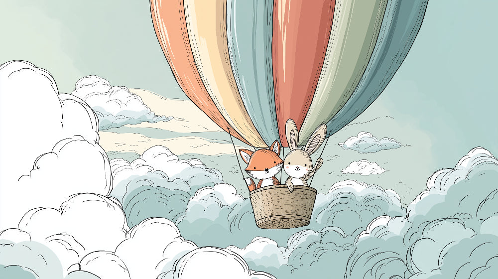 Detailed fox and rabbit hot air balloon mural wallpaper design pattern with clouds by Kids-Mundo