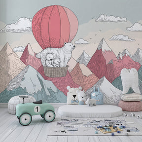 Polar bear hot air balloon wallpaper transforming playroom with soft pastel mountain scene