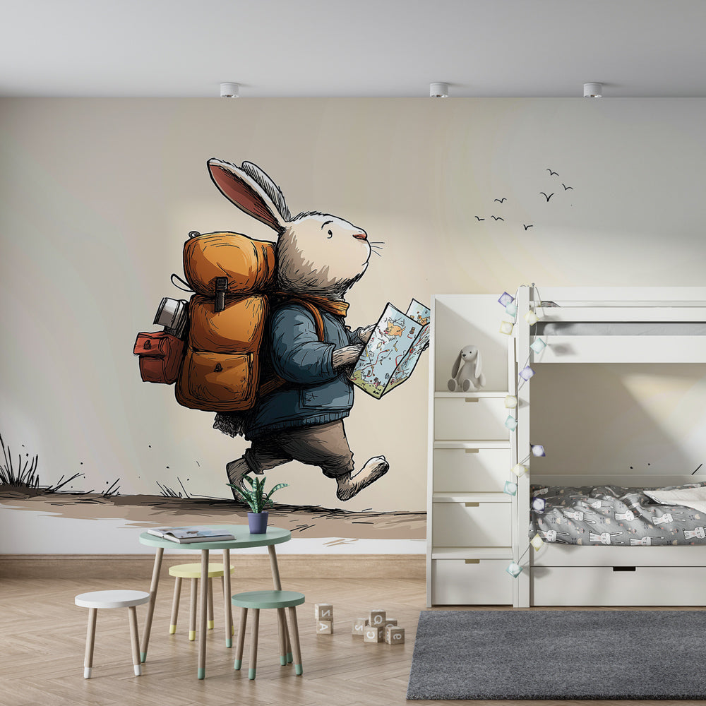 Cute rabbit explorer mural wallpaper transforming children's playroom into adventure space