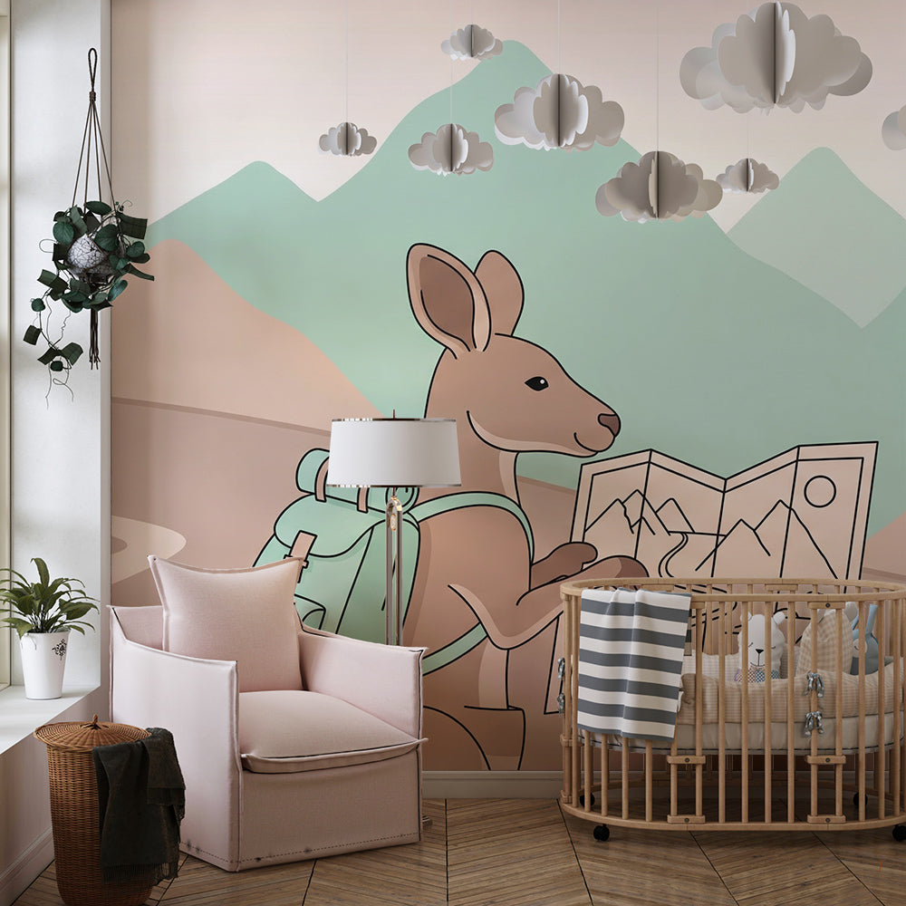 Kids-Mundo hiking kangaroo wall mural brightening a cosy children's playroom