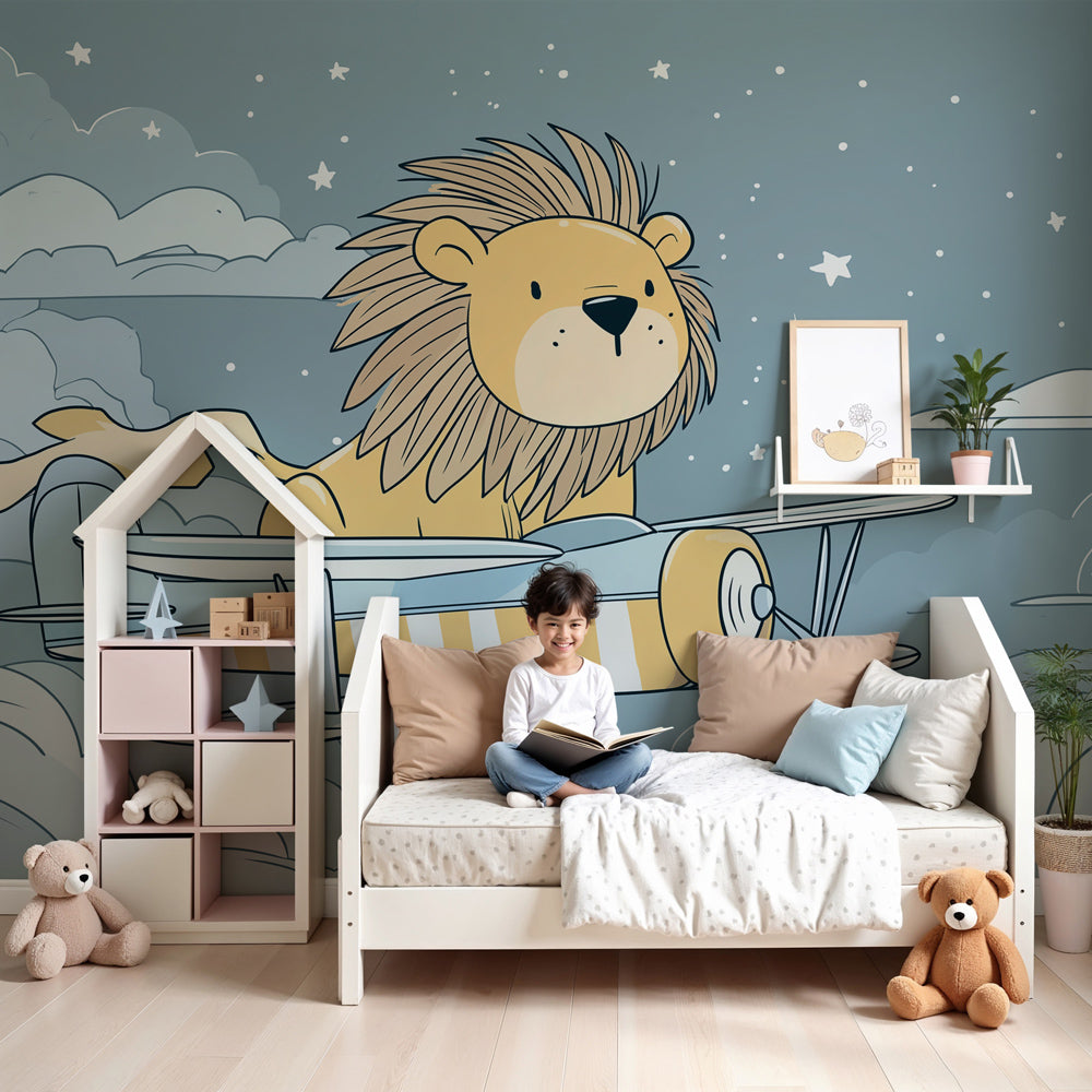 Adventurous lion pilot mural wallpaper in modern nursery setting by Kids-Mundo