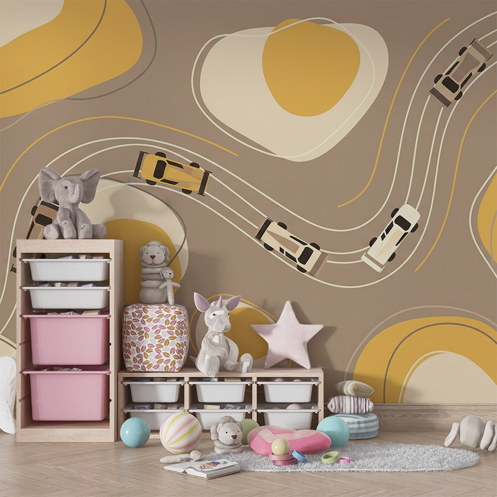 Kids-Mundo mustard road trip wall mural brightening a modern children's playroom