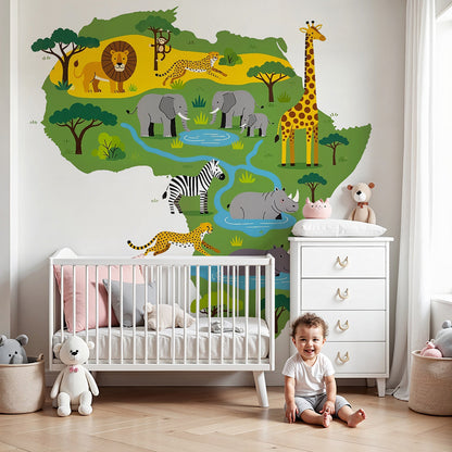 Kids-Mundo Africa jungle animals wall mural with a waterhole scene in a bright nursery