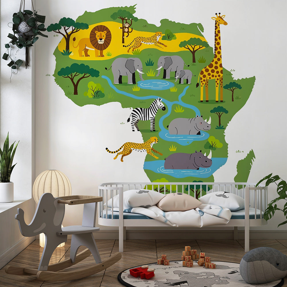 Kids-Mundo jungle animals wall mural with lion and zebra in a children's playroom