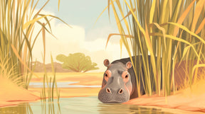 Detailed African hippo safari mural wallpaper design pattern showing peaceful savanna landscape by Kids-Mundo