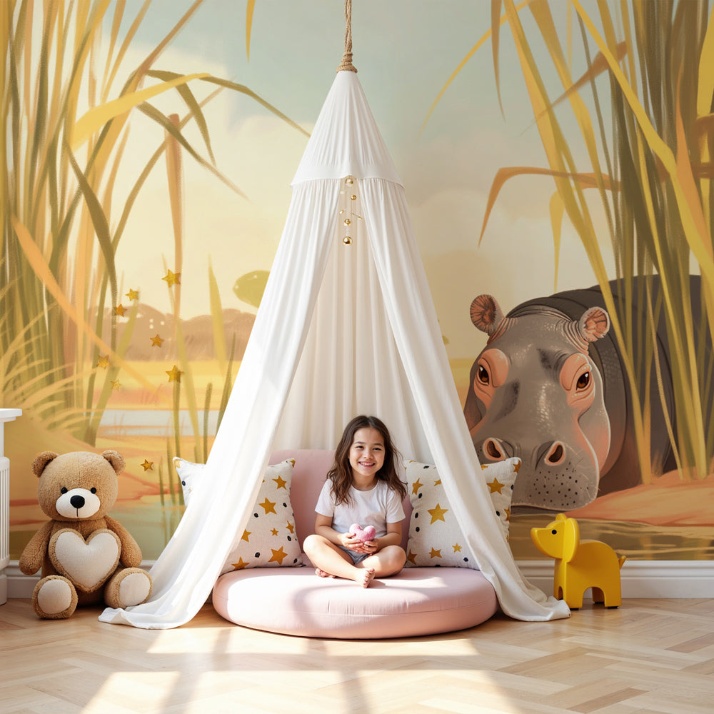 African hippo mural wallpaper creating peaceful safari atmosphere in modern nursery by Kids-Mundo
