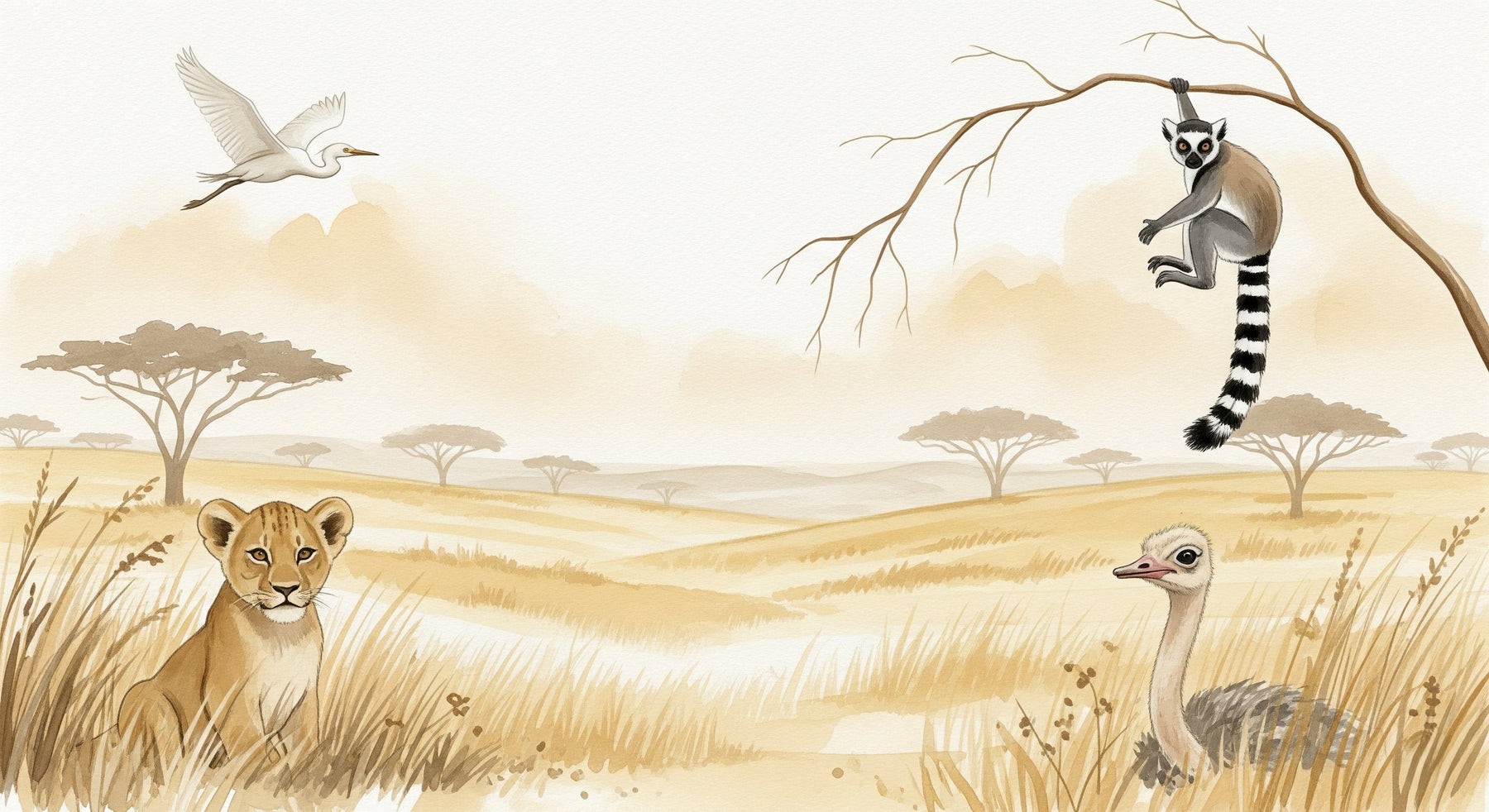 Detailed African safari animals mural wallpaper design pattern with lioness lemur ostrich by Kids-Mundo