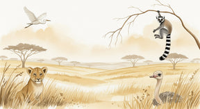 Detailed African safari animals mural wallpaper design pattern with lioness lemur ostrich by Kids-Mundo