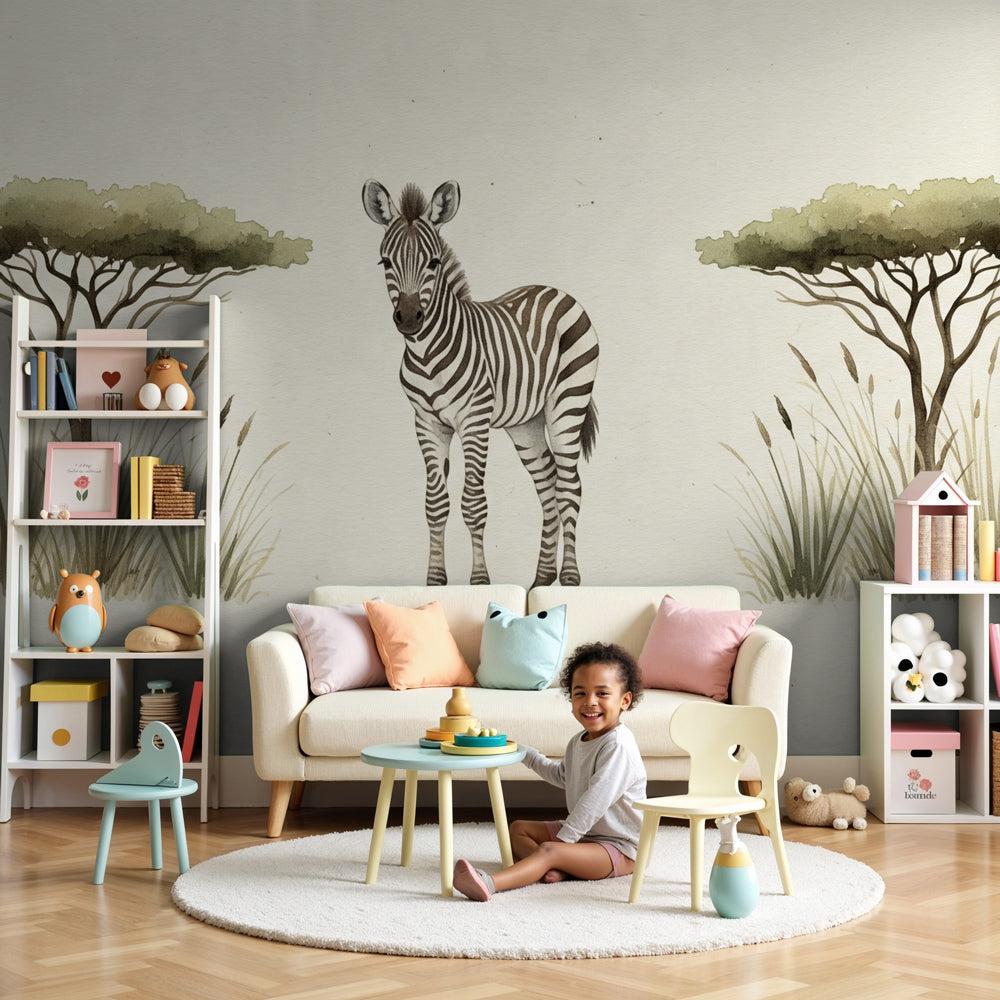 African safari giraffe mural wallpaper in modern nursery with natural wood crib by Kids-Mundo