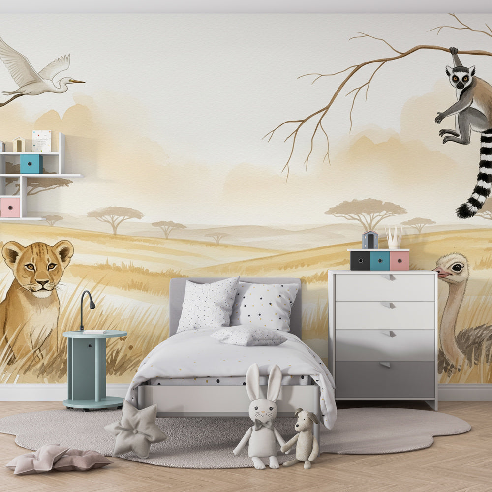 Exotic animals safari wallpaper with lemur and ostrich for kids playroom decor by Kids-Mundo