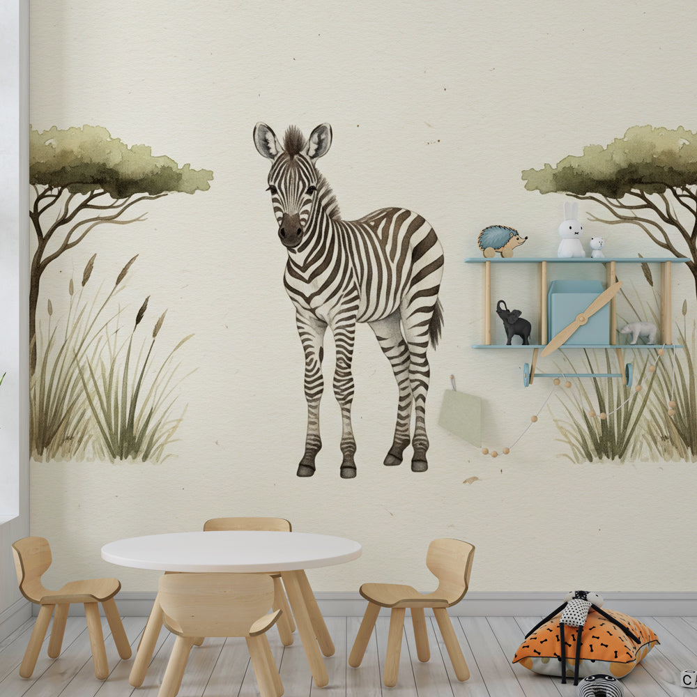 Safari themed giraffe mural wallpaper transforming toddler room into African adventure space
