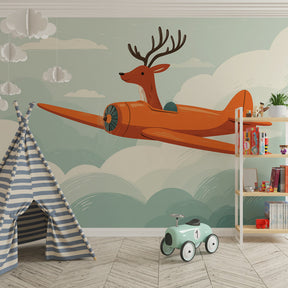 Sky-themed children's wallpaper creating magical aviation atmosphere in kids bedroom
