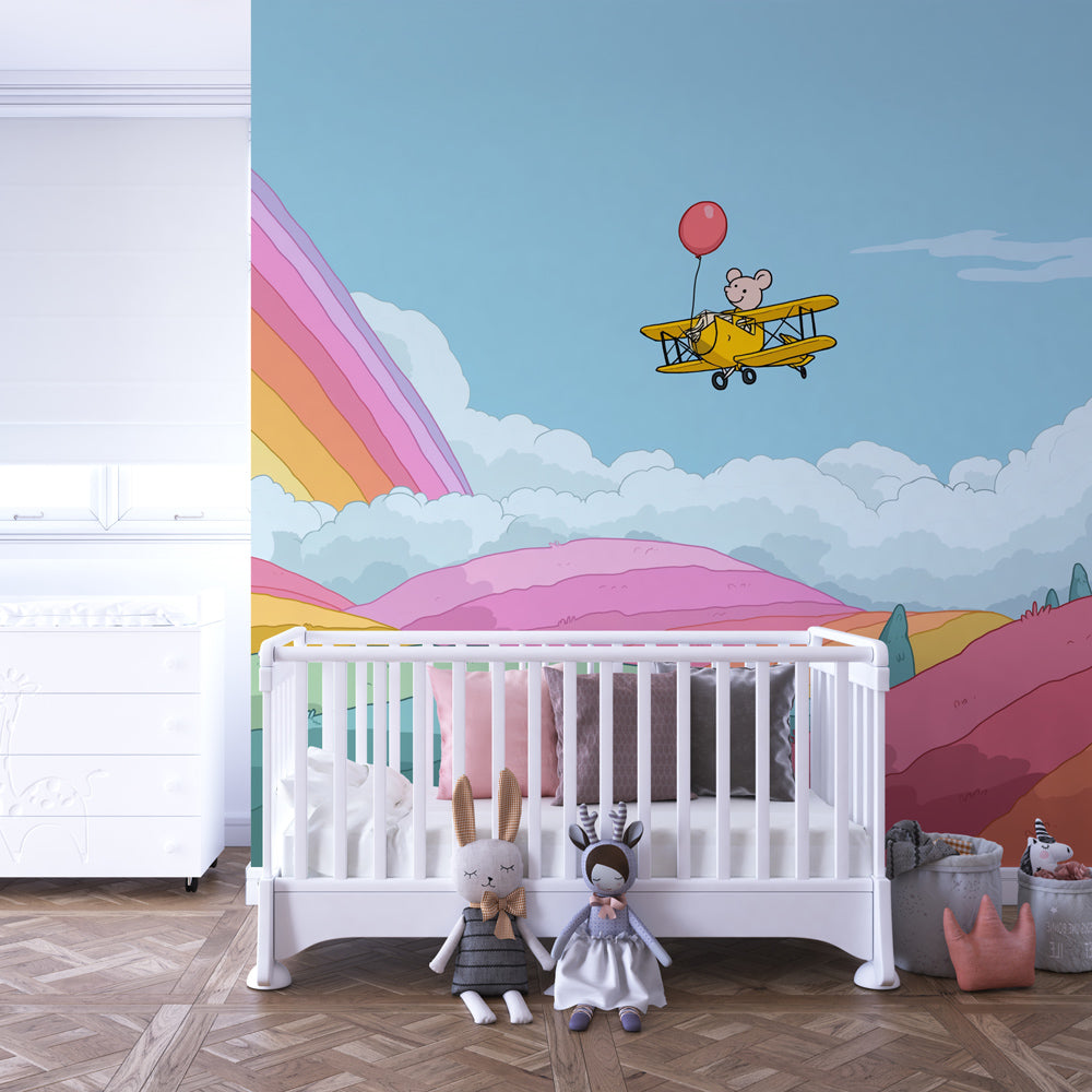 Yellow airplane sky wallpaper creating magical atmosphere in children's bedroom decor