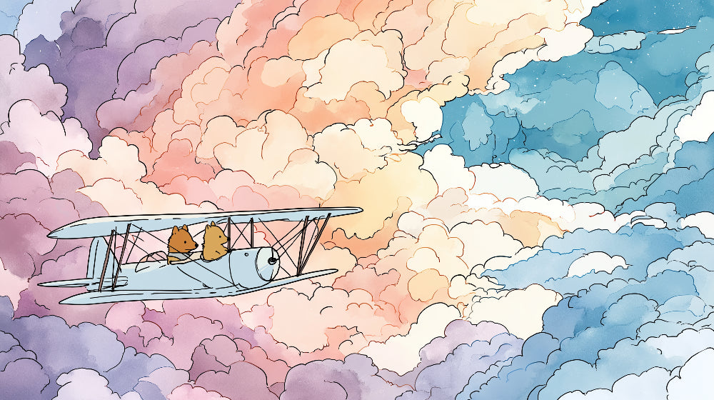 Detailed airplane adventure mural wallpaper design pattern featuring animals and pastel clouds by Kids-Mundo