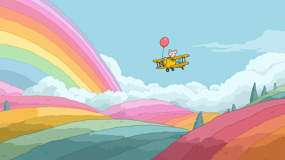 Detailed airplane adventure mural wallpaper design pattern with rainbow hills by Kids-Mundo