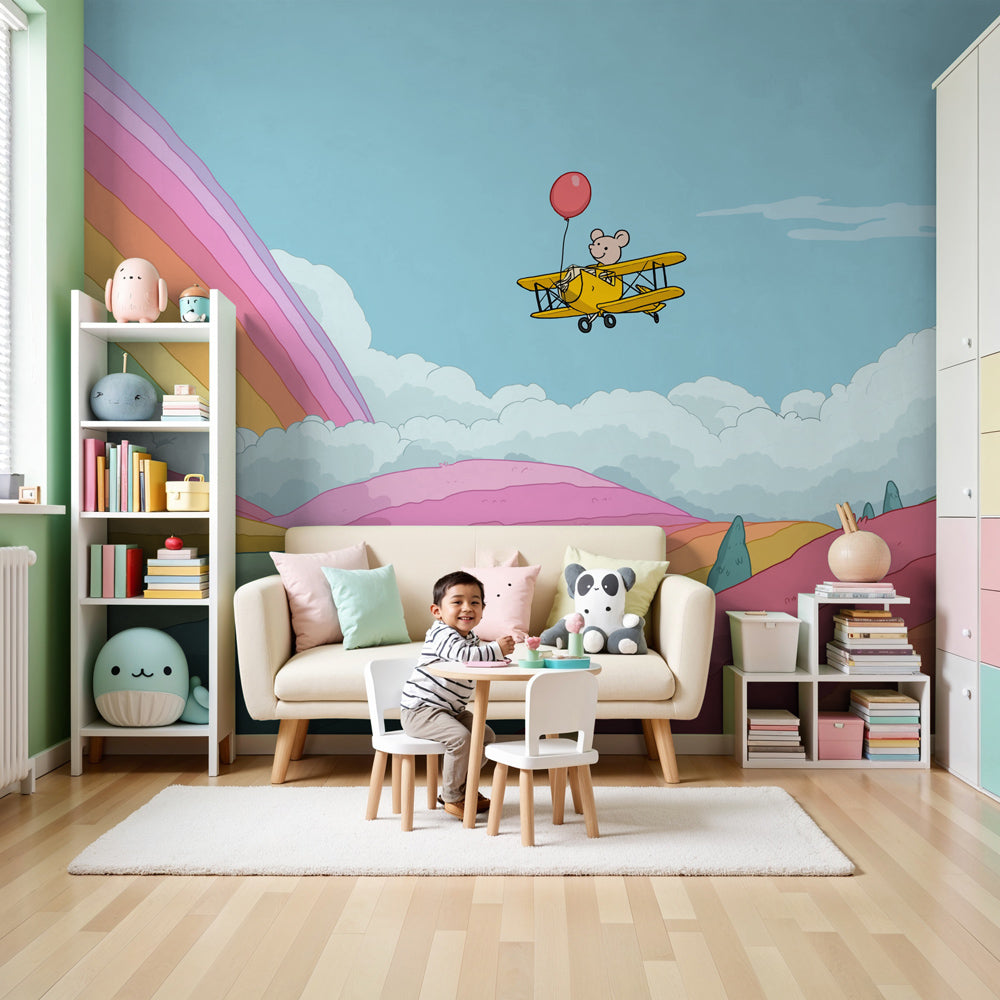 Airplane adventure mural wallpaper in modern nursery with colorful hills and rainbows by Kids-Mundo