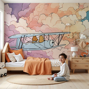 Airplane adventure mural wallpaper with flying animals in pastel clouds decorating modern nursery by Kids-Mundo