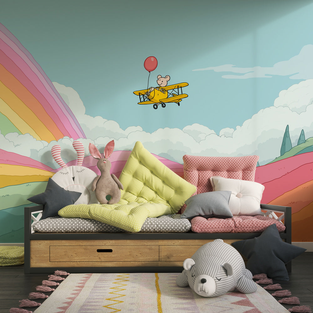 Colorful aviation themed mural wallpaper transforming kids playroom into sky adventure space