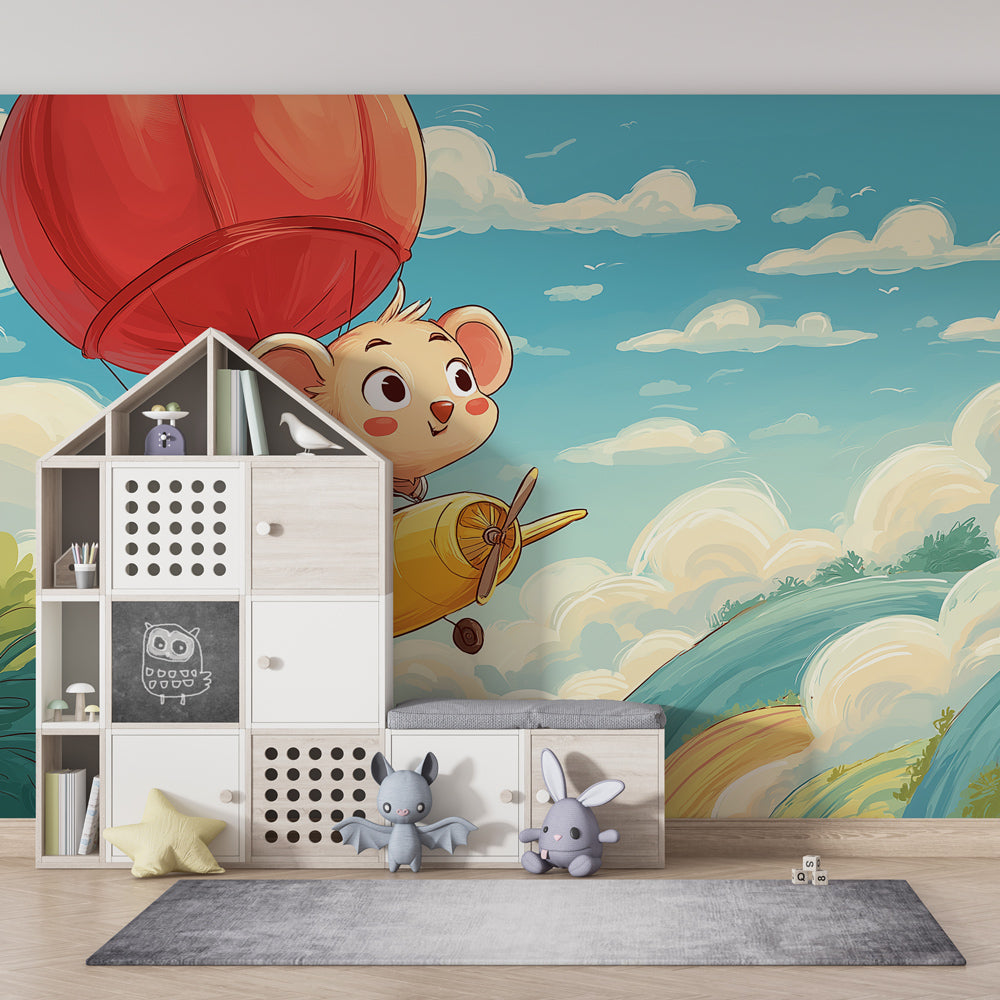 Little animal pilot airplane mural wallpaper inspiring imaginative play in children's room