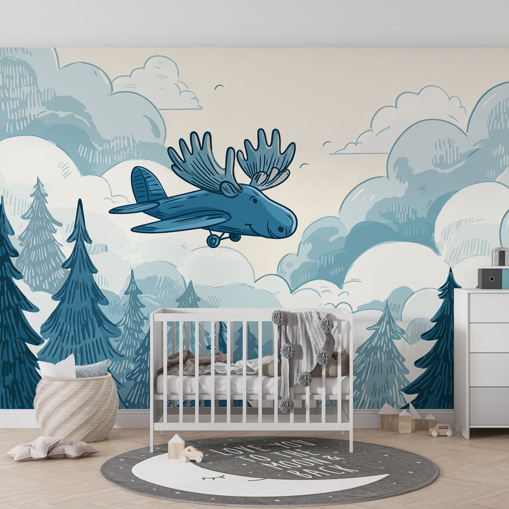 Charming airplane and forest mural wallpaper transforming toddler room into adventure space