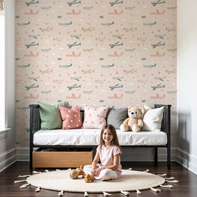 Cute airplane mural wallpaper creating dreamy aviation nursery decor by Kids-Mundo