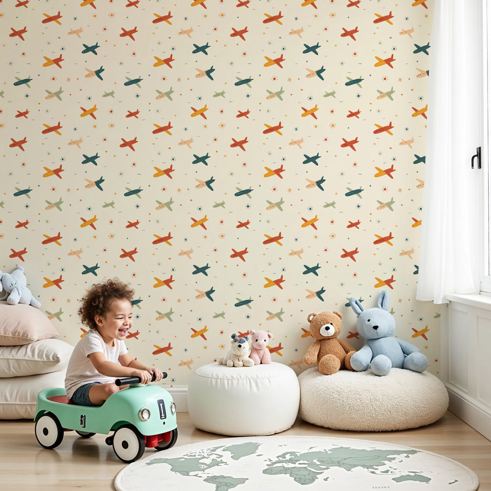 Colorful airplane mural wallpaper in modern nursery with cream background by Kids-Mundo