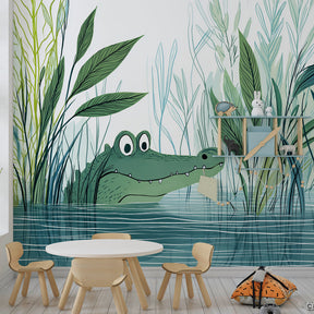 Alligator wildlife wallpaper with lush vegetation transforming children's bedroom into nature sanctuary