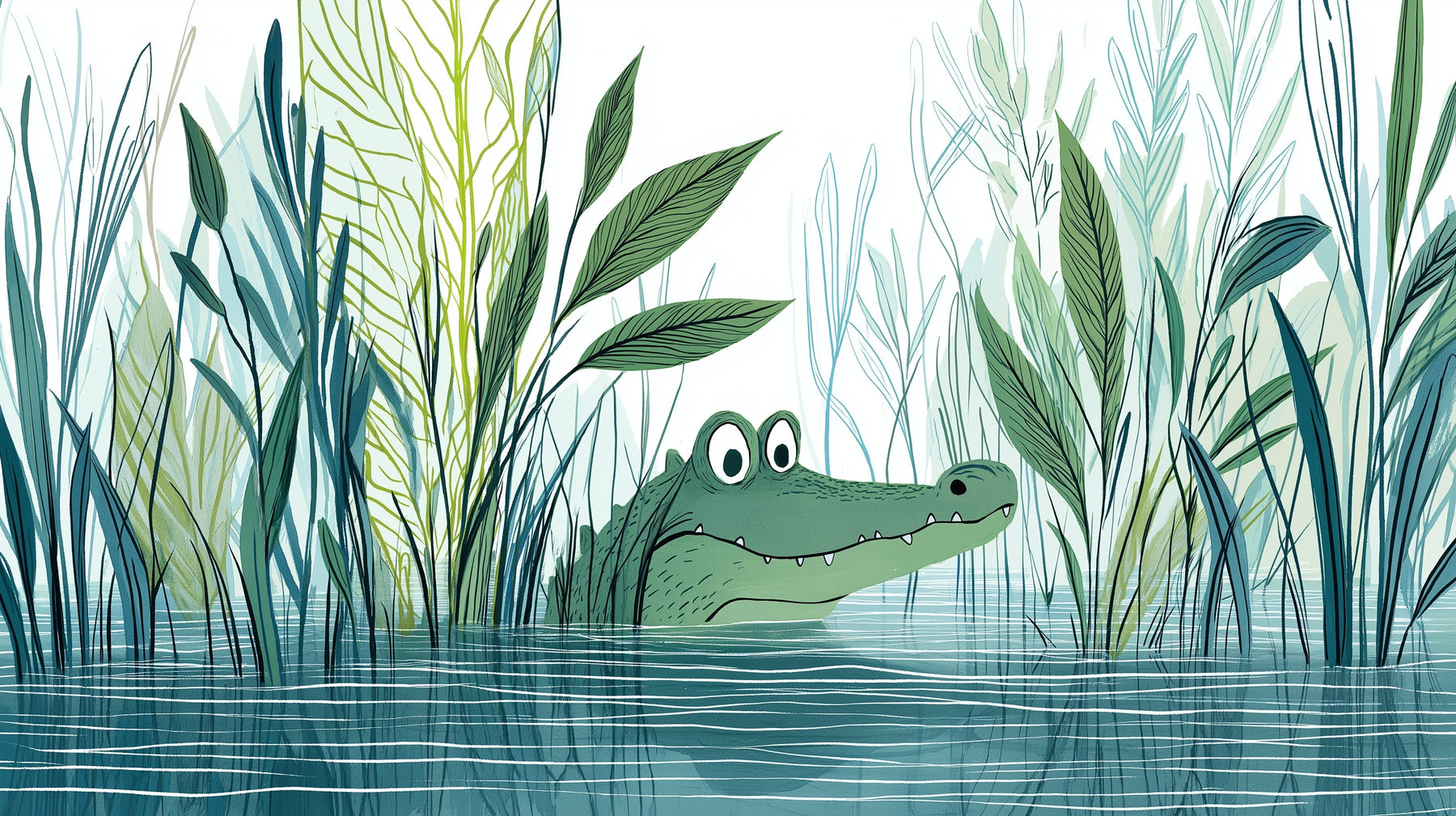 Detailed curious alligator mural wallpaper design pattern with aquatic vegetation by Kids-Mundo