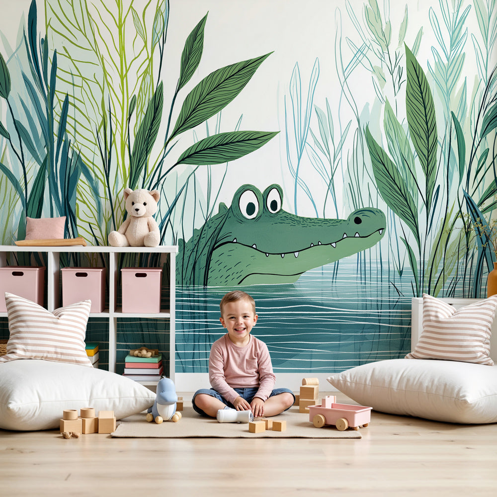 Curious alligator mural wallpaper creating wildlife adventure theme in modern kids nursery by Kids-Mundo