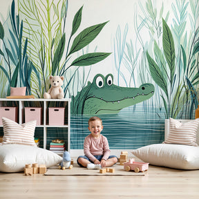 Curious alligator mural wallpaper creating wildlife adventure theme in modern kids nursery by Kids-Mundo