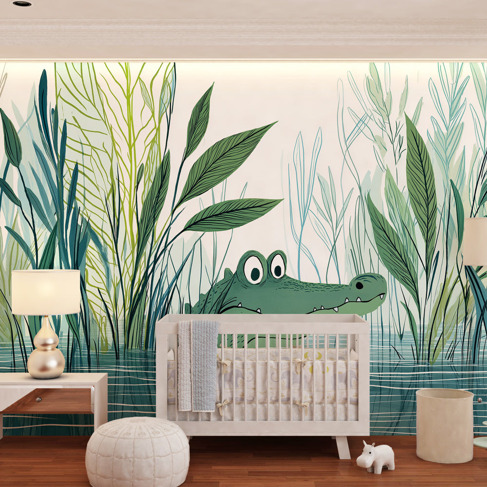 Nature-themed alligator wallpaper creating educational and calming environment in kids playroom setting