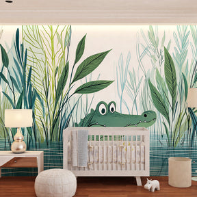 Nature-themed alligator wallpaper creating educational and calming environment in kids playroom setting