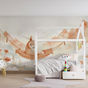 Pastel mountain alpaca wallpaper transforming modern baby bedroom into serene sanctuary