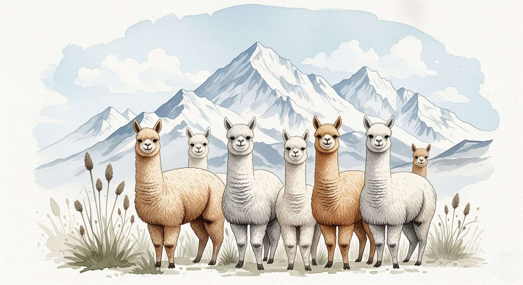 Detailed alpaca mountain mural wallpaper design pattern showing cheerful animals by Kids-Mundo