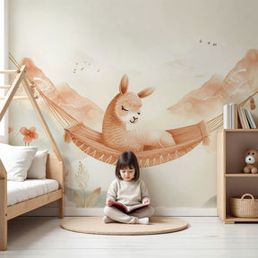Alpaca mural wallpaper with dreamy hammock creating peaceful nursery decor by Kids-Mundo