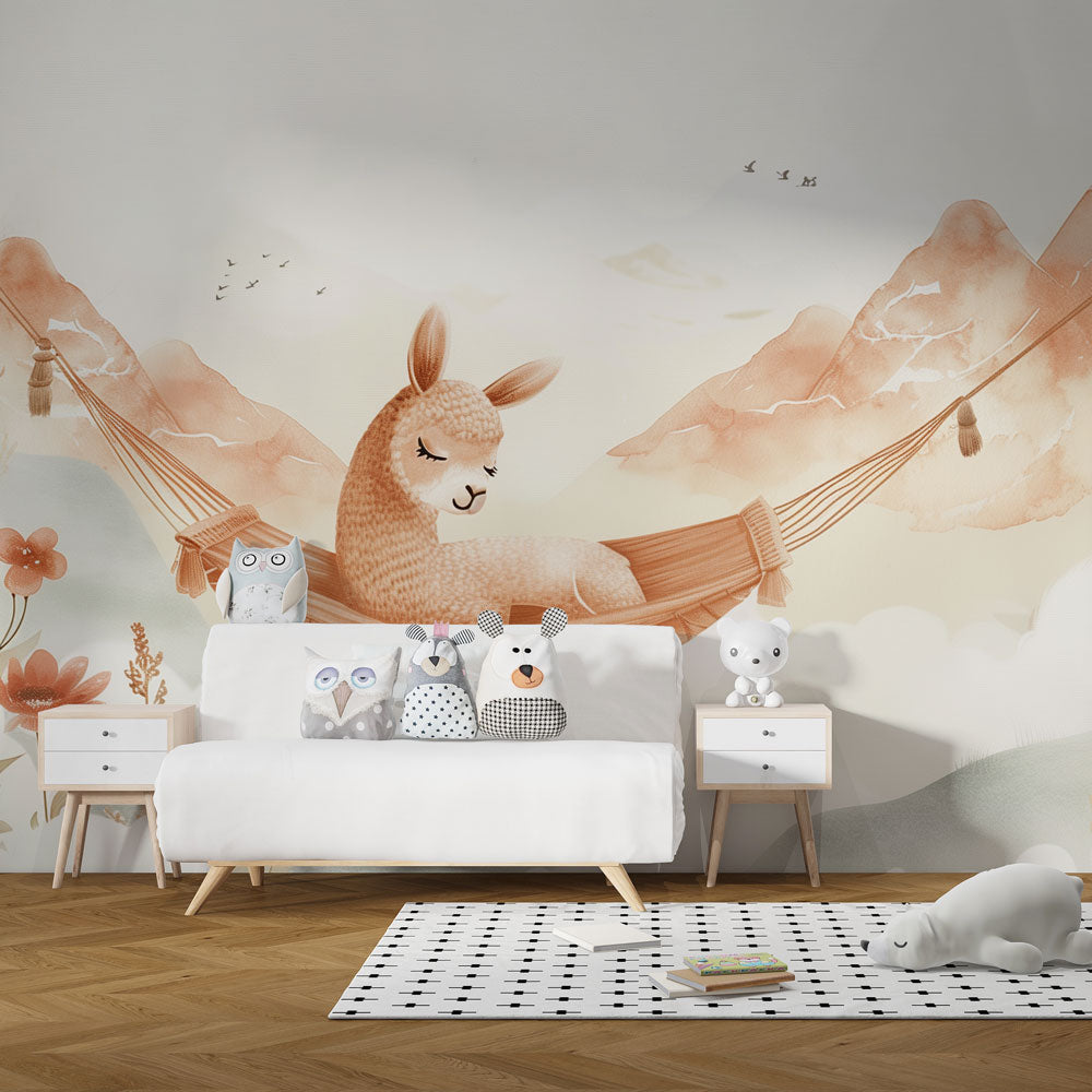 Dreamy alpaca hammock wallpaper creating calming atmosphere in toddler room by Kids-Mundo