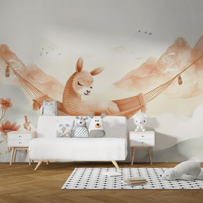 Dreamy alpaca hammock wallpaper creating calming atmosphere in toddler room by Kids-Mundo