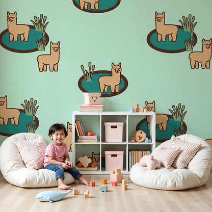 Kids-Mundo alpaca wall mural in a soft mint nursery, made to measure for a calming baby room feature wall.