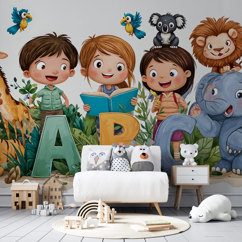 Jungle alphabet mural wallpaper with animal characters decorating kids bedroom wall