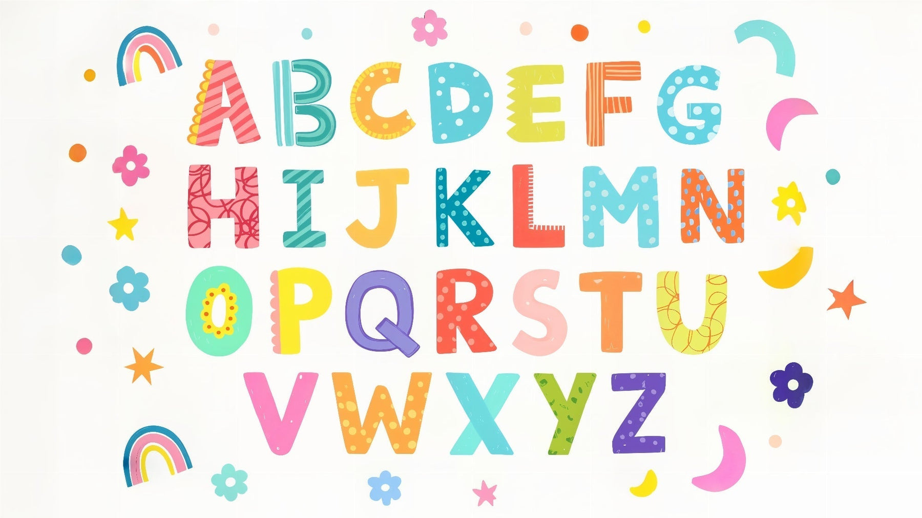 Detailed alphabet mural wallpaper design pattern with colorful letters, stars and moons by Kids-Mundo