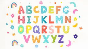 Detailed alphabet mural wallpaper design pattern with colorful letters, stars and moons by Kids-Mundo