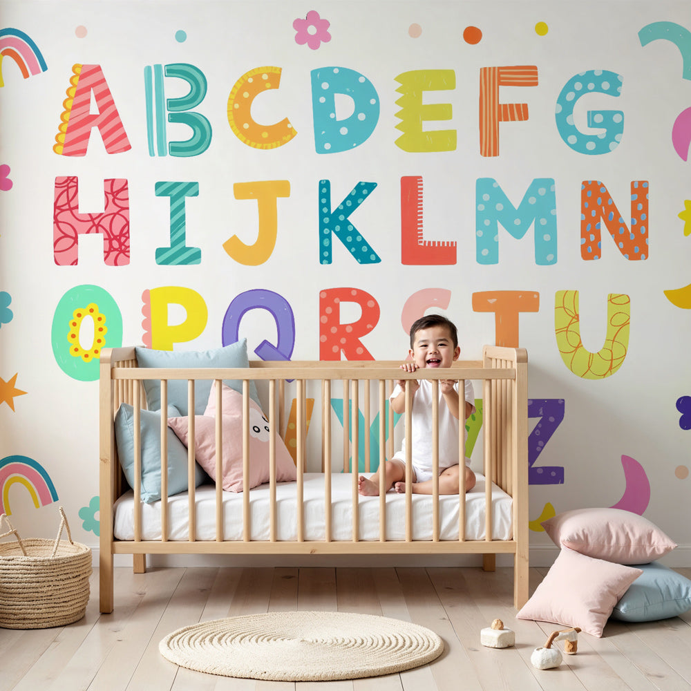 Colorful alphabet mural wallpaper creating educational nursery decor with rainbow letters by Kids-Mundo