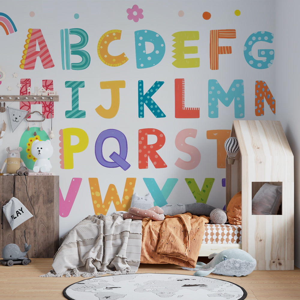 ABC learning wallpaper in bright toddler bedroom with playful educational design by Kids-Mundo