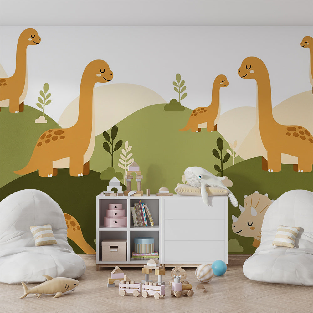 Kids-Mundo dinosaur family wall mural behind a bed in an earthy kids bedroom