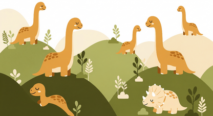 Kids-Mundo flat artwork of a dinosaur family walking across golden rolling hills