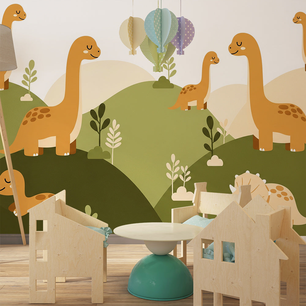 Kids-Mundo amber hills dinosaur mural covering a playroom wall with wooden toys