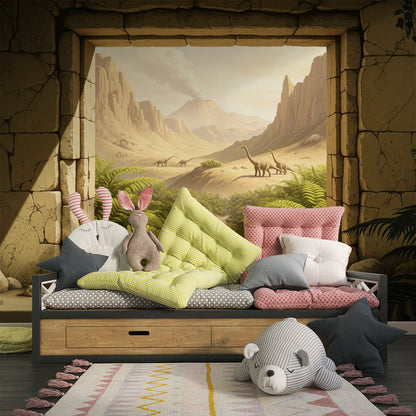Kids-Mundo dinosaur valley wall mural behind a bed in a warm-toned kids bedroom