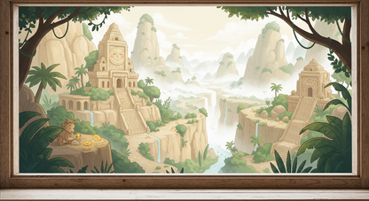 Flat artwork of the Kids-Mundo ancient jungle temple wall mural with waterfalls and monkey