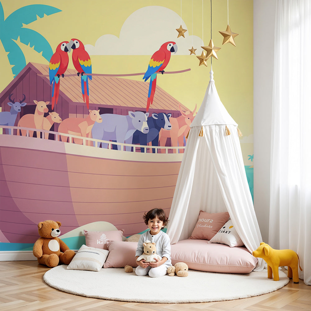 Kids-Mundo animal boat wall mural with monkeys and macaws in a bright, calm nursery.